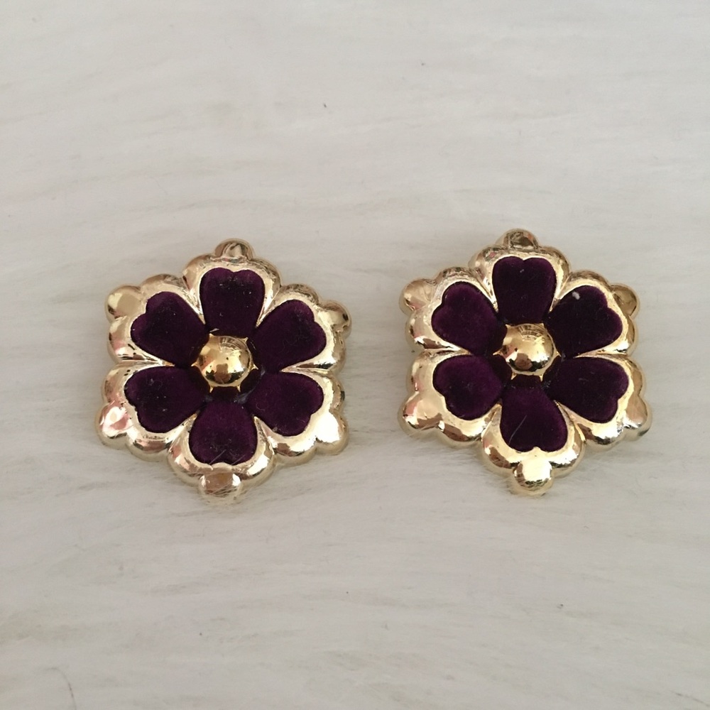 Velvet Purple and Gold Flower Clip on Earrings